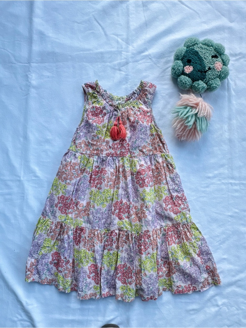 Girls' Tiered Floral Sundress with Coral Tassel - Pink & Green